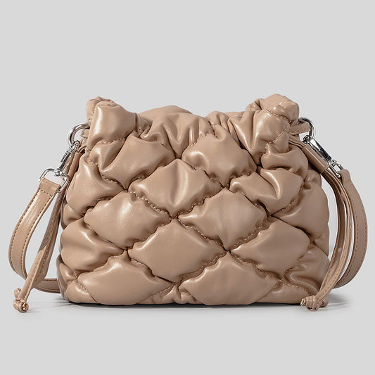Women's PU Rhombus Stitching Handbag in beige with diamond mesh design.