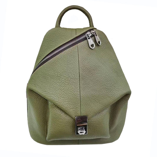 Green women's cowhide leather backpack with street-style design