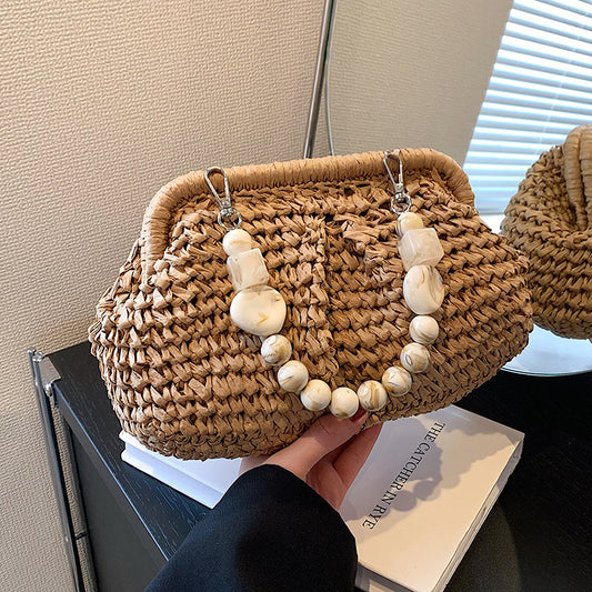 Woven Grass Handbag for Women - Versatile Travel Bag in Khaki & Beige