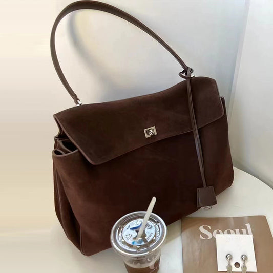 Brown 28cm matte leather woven commuter bag front view