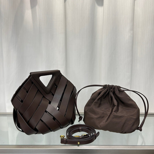Caramel woven leather crossbody bucket bag with triangle closure
